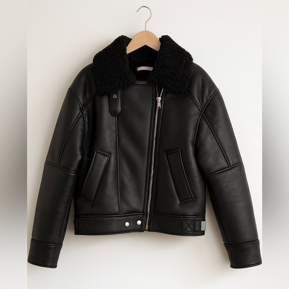 Oak + Fort Oversized Black Sherpa Aviator Jacket